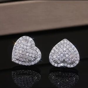 New Sparkling Heart Shaped Crystal Pave Cubic Zirconia Silver Stud Earrings